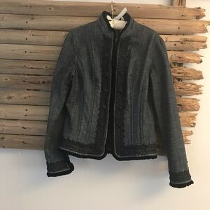 Chico’s platinum denim jacket black velvet trim S